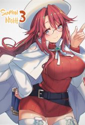 Rule 34 | 1girl, aty (summon night), belt, beret, blue eyes, boots, breasts, cape, cross-laced footwear, dress, glasses, haruken, hat, large breasts, long hair, loose belt, red hair, red sweater, ribbed sweater, solo, summon night, summon night 3, sweater, thigh boots, thighhighs, turtleneck, white footwear
