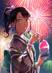 Rule 34 | 1girl, asymmetrical bangs, backlighting, black hair, blush, bow, dated, drinking straw, eating, fireworks, food, green eyes, hair bow, highres, holding, holding drinking straw, holding spoon, japanese clothes, kimono, long hair, looking at viewer, nail polish, night, original, ponytail, scrunchie, shaved ice, sky, solo, spoon, star (sky), starry sky, wedo, wide sleeves, wrist scrunchie, yukata