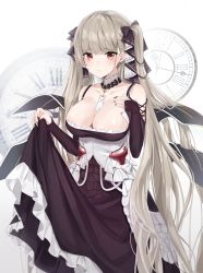 Rule 34 | 1girl, absurdres, azur lane, bare shoulders, between breasts, black nails, breasts, cleavage, clock, clothing cutout, dress, flight deck, formidable (azur lane), frilled dress, frills, gothic lolita, grey hair, hair ribbon, hand on own chest, highres, large breasts, lolita fashion, long hair, looking at viewer, mungduck, nail polish, neckwear between breasts, red eyes, ribbon, shoulder cutout, simple background, skirt hold, solo, twintails, two-tone dress, two-tone ribbon, very long hair, white background