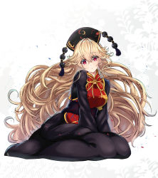 Rule 34 | 1girl, :|, absurdres, black sleeves, blonde hair, breasts, chinese clothes, closed mouth, commentary request, crossed bangs, dot nose, expressionless, eyelashes, fox print, full body, gold trim, hair between eyes, hands on ground, highres, junko (touhou), kurokan (kokkyou oudan), large breasts, long hair, long sleeves, looking at viewer, phoenix crown, pom pom (clothes), purple background, red eyes, ribbon, sash, seiza, simple background, sitting, slit pupils, solo, tabard, tassel, touhou, wavy hair, white background, wide sleeves, yellow neckwear, yellow ribbon