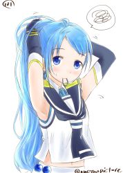 Rule 34 | 10s, 1girl, adjusting hair, armpits, arms up, blue eyes, blue hair, elbow gloves, gloves, gradient hair, hair tie, kantai collection, long hair, looking at viewer, mae (maesanpicture), matching hair/eyes, mouth hold, multicolored hair, numbered, samidare (kancolle), school uniform, serafuku, shirt, simple background, sleeveless, sleeveless shirt, solo, spoken squiggle, squiggle, swept bangs, twitter username, tying hair, very long hair, white background
