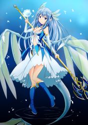 Rule 34 | 1girl, blue theme, boots, breasts, cleavage, dragon wings, dress, head wings, kikyou (kiss-shot), leviathan (zettai bouei leviathan), pointy ears, polearm, skirt, small breasts, solo, spear, water, weapon, wings, zettai bouei leviathan
