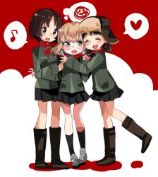 Rule 34 | 10s, 3girls, alina (girls und panzer), black hair, blonde hair, blue eyes, blush, blush stickers, boots, brown eyes, brown hair, closed eyes, fang, fur hat, girl sandwich, girls und panzer, hat, heart, hug, katyusha (girls und panzer), military, military uniform, multiple girls, musical note, nina (girls und panzer), open mouth, quaver, sandwiched, speech bubble, spoken heart, spoken musical note, squiggle, sunameri oishii, thought bubble, twintails, uniform, ushanka