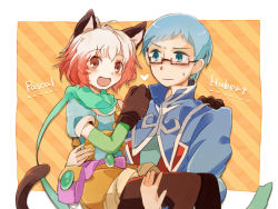 Rule 34 | 1boy, 1girl, :d, animal ears, animal hands, black pantyhose, blonde hair, blue eyes, blue hair, blue shirt, blush, brown eyes, brown hair, carrying, cat ears, cat tail, chachi (azuzu), couple, fangs, glasses, gloves, grin, heart, hetero, hubert ozwell, kemonomimi mode, long hair, multicolored hair, open mouth, pantyhose, pascal (tales), paw gloves, pink hair, pouch, princess carry, red eyes, scarf, school uniform, shirt, short hair, smile, tail, tales of (series), tales of graces