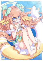 Rule 34 | 1girl, bare shoulders, barefoot, bikini, black-framed eyewear, blue archive, blue eyes, blush, bow, brown hair, collarbone, commentary request, glasses, green bow, hair bow, hair ornament, hairclip, halo, harada (sansei rain), highres, innertube, knees up, long hair, looking at viewer, parted lips, shimiko (blue archive), soles, solo, steepled fingers, swim ring, swimsuit, twintails, very long hair, yellow bikini