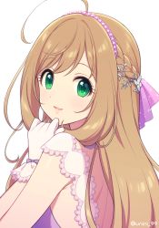 Rule 34 | 1girl, agata (agatha), bad id, bad pixiv id, blush, braid, dress, french braid, gloves, green eyes, hair ornament, hair ribbon, hairband, idolmaster, idolmaster cinderella girls, idolmaster cinderella girls starlight stage, light brown hair, long hair, looking at viewer, looking back, parted lips, pink dress, pink gloves, purple ribbon, ribbon, sato shin, simple background, smile, solo, swept bangs, white background