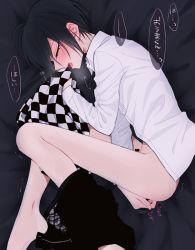 Rule 34 | 1boy, ahoge, anal fingering, anal fluid, bar censor, black hair, black pants, blush, censored, checkered clothes, checkered scarf, closed eyes, clothes pull, collared shirt, danganronpa (series), danganronpa v3: killing harmony, fingering, from above, gato (too0), holding, holding clothes, holding scarf, long legs, long sleeves, lying, male focus, male masturbation, masturbation, on side, open clothes, open mouth, open shirt, pants, pants around one leg, pants pull, penis, profile, saihara shuichi, scarf, unworn scarf, shirt, short hair, solo, translation request, white shirt
