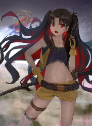 Rule 34 | 1girl, absurdres, aito, belt, black hair, blush, breasts, collarbone, commentary request, fate/grand order, fate (series), gloves, gun, highres, holding, holding gun, holding weapon, ishtar (fate), katana, long hair, looking at viewer, multicolored hair, navel, parted bangs, red eyes, red hair, ribbon, shorts, smile, solo, space ishtar (fate), space ishtar (second ascension) (fate), sword, two-tone hair, two side up, very long hair, vest, weapon