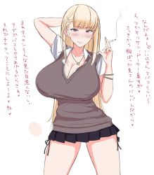 Rule 34 | 1girl, blonde hair, breasts, cigarette, cleavage, gyaru, highres, huge breasts, jewelry, long hair, looking at viewer, miniskirt, mole, nakamura misaki, nanae, necklace, school uniform, simple background, skirt, smoking, text focus, thighs, tongue, tongue out, translation request, white background