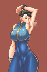 Rule 34 | 1990s (style), 1girl, alternate costume, arm up, armpit hair, armpits, black hair, breasts, brown eyes, cameltoe, capcom, chun-li, cleft of venus, covered erect nipples, cowboy shot, double bun, eyeliner, female focus, gold steel, hair bun, hair ribbon, large breasts, makeup, retro artstyle, ribbon, short hair, simple background, smell, smelling armpit, smelling self, solo, street fighter, street fighter zero (series), studded bracelet, sweat, thick thighs, thighs, unitard