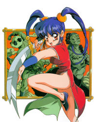 Rule 34 | 1girl, 3boys, blue hair, china dress, chinese clothes, crossed arms, dragon, dress, earrings, fang, fighting stance, holding, holding sword, holding weapon, jewelry, leg up, long hair, looking at viewer, mamono hunter youko, mano youko, mon mon, multiple boys, open mouth, outstretched arms, panda, red eyes, sleeveless, sword, twintails, weapon