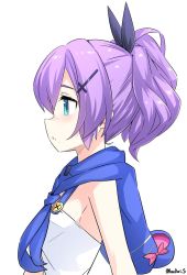 Rule 34 | 1girl, azur lane, black ribbon, blue eyes, bow, camisole, cross, cross hair ornament, from side, hair ornament, hair ribbon, high ponytail, highres, inverted cross, javelin (azur lane), kandori, pink bow, ponytail, profile, purple hair, ribbon, short hair, sideways mouth, simple background, solo, twitter username, upper body, white background, white camisole, wide ponytail