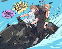 Rule 34 | 1girl, 2boys, angry, animal, ashley graham, backpack, bag, bare arms, bare shoulders, behind another, blank eyes, boots, brown hair, closed mouth, coat, covered mouth, driving, fingerless gloves, full body, gloves, highres, hitting, hood, hood up, jet ski, leon s. kennedy, light brown hair, long sleeves, mask, medium hair, merchant (resident evil), miniskirt, motion lines, motor vehicle, mouth mask, multiple boys, open mouth, outdoors, pants, plaid, plaid skirt, resident evil, resident evil 4, shirt, shoes, short hair, short sleeves, sitting, skirt, sleeveless, sleeveless sweater, sparkle, sweater, tearing up, translation request, unhappy, unnyakora, v-shaped eyebrows, water, watercraft, wolf