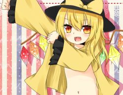 Rule 34 | 1girl, blonde hair, cosplay, dressing, fang, female focus, flandre scarlet, hat, komeiji koishi, komeiji koishi (cosplay), navel, open clothes, open mouth, open shirt, red eyes, shirt, short hair, solo, embodiment of scarlet devil, touhou, upper body, wings, yuria (kittyluv)