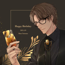 Rule 34 | 1boy, black-framed eyewear, black shirt, black vest, brooch, brown hair, character name, cup, dated, drinking glass, glasses, grey background, grey eyes, happy birthday, highres, jewelry, looking at viewer, male focus, miz 09, natsume haru (stand my heroes), necktie, shirt, solo, stand my heroes, upper body, vest, wine glass