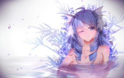 Rule 34 | 1girl, animal ears, blue eyes, blue hair, convenient censoring, doc.lnn, drill hair, fins, gradient background, head fins, matching hair/eyes, mermaid, monster girl, one eye closed, partially submerged, short hair, solo, touhou, wakasagihime, water