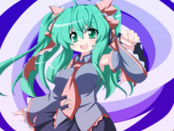 Rule 34 | 1girl, alternate costume, alternate hairstyle, anime coloring, aqua eyes, aqua hair, breasts, clenched hand, cosplay, crossover, detached sleeves, frills, hair ribbon, hatsune miku, hatsune miku (cosplay), headset, highres, kagiyama hina, large breasts, long hair, necktie, oborotsuki kakeru, open mouth, ribbon, shirt, skirt, smile, solo, touhou, twintails, vocaloid, wide sleeves