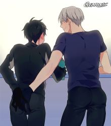 Rule 34 | 2boys, ^ ^, artist name, ass, ass grab, black gloves, blue shirt, blush, bottle, closed eyes, embarrassed, closed eyes, from behind, gearous, gloves, grey hair, hand on another&#039;s ass, hand on own ass, happy, katsuki yuuri, long sleeves, male focus, multiple boys, profile, shirt, short hair, smile, standing, upper body, viktor nikiforov, water, water bottle, yaoi, yuri!!! on ice