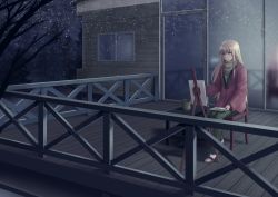 Rule 34 | 1girl, bare tree, blonde hair, blue eyes, breath, brown scarf, bucket, canvas (object), chair, closed mouth, coat, easel, fattybot, green pants, hair down, highres, holding, house, light smile, long hair, long sleeves, night, outdoors, paintbrush, pants, railing, saenai heroine no sodatekata, sandals, sawamura spencer eriri, scarf, sitting, snowing, solo, table, tree, very long hair, white legwear, window