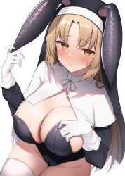 Rule 34 | 1girl, absurdres, animal ears, black headwear, black leotard, blonde hair, blush, breasts, capelet, cleavage, closed mouth, commentary request, fake animal ears, from above, gloves, highres, large breasts, leotard, long sleeves, looking at viewer, nijisanji, nun, parted bangs, rabbit ears, simple background, sister claire, sister claire (1st costume), solo, strapless, strapless leotard, suzutarou gunsou, thighhighs, veil, virtual youtuber, white background, white capelet, white gloves, white thighhighs, yellow eyes