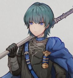 Rule 34 | 1boy, absurdres, aged down, armor, blue cape, blue eyes, byleth (fire emblem), byleth (male) (fire emblem), cape, closed mouth, cosplay, dimitri alexandre blaiddyd, dimitri alexandre blaiddyd (cosplay), fire emblem, fire emblem: three houses, flower, garreg mach monastery uniform, gloves, green hair, grey background, highres, holding, holding weapon, long sleeves, looking at viewer, male focus, nintendo, pantab ag, short hair, shoulder armor, shoulder plates, solo, standing, uniform, upper body, weapon