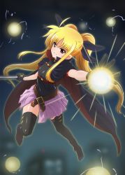 Rule 34 | 1girl, arm strap, bardiche (nanoha), belt, black leotard, black thighhighs, blonde hair, blurry, blurry background, boots, cape, diesel-turbo, fate testarossa, fate testarossa (movie 1st form), gloves, hair ribbon, highres, leotard, long hair, looking at viewer, lyrical nanoha, magical girl, mahou shoujo lyrical nanoha, red eyes, ribbon, showgirl skirt, sleeveless, solo, thighhighs, twintails
