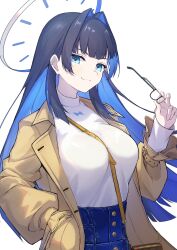 Rule 34 | 1girl, absurdres, bag, between breasts, black hair, blue eyes, blue hair, blunt bangs, blush, breasts, brown coat, coat, colored inner hair, commentary, denim, earclip, unworn eyewear, hair intakes, halo, hand in pocket, hand up, handbag, high-waist pants, highres, hime cut, holding, holding removed eyewear, hololive, hololive english, jeans, large breasts, long hair, long sleeves, looking at viewer, mechanical halo, multicolored hair, official alternate costume, ouro kronii, ouro kronii (casual), pants, shirt, sidelocks, simple background, smile, solo, sora shitatoge, strap, strap between breasts, virtual youtuber, white background, white shirt