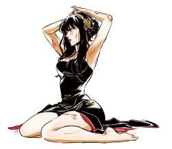 Rule 34 | 1girl, adjusting hair, arms up, barefoot, black dress, black hair, blood, blood on arm, blood on face, blood on leg, breasts, ceejles, commentary, dress, gold hairband, hair bun, hairband, medium breasts, profile, red eyes, red lips, sidelocks, signature, single hair bun, sitting, solo, spy x family, strapless, strapless dress, tube dress, two-sided dress, two-sided fabric, wariza, yor briar