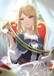 Rule 34 | 1girl, absurdres, aisuqinle, black clover, blonde hair, blue capelet, blue eyes, blurry, blurry foreground, braid, capelet, charlotte roselei, collarbone, crossed legs, curtains, dress shirt, highres, holding, holding whip, long hair, long skirt, looking at viewer, parted bangs, parted lips, shirt, short sleeves, side braid, signature, single braid, sitting, skirt, smile, solo, vine whip, white skirt, window