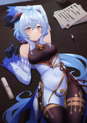 Rule 34 | 1girl, absurdres, ahoge, anhun, arm up, armpits, bell, black bodysuit, black pantyhose, blue hair, blush, bodysuit, bodysuit under clothes, bow, breasts, brush, cowbell, detached sleeves, ganyu (genshin impact), genshin impact, gloves, goat horns, hair bow, half-closed eyes, highres, horns, long hair, long sleeves, looking at viewer, low ponytail, lying, medium breasts, on back, on table, pantyhose, paper, purple eyes, smile, solo, table, thighs