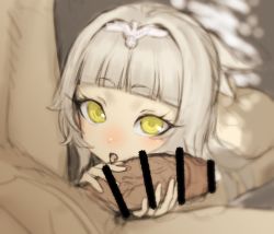 Rule 34 | 1girl, after fellatio, age difference, azur lane, bar censor, blonde hair, blunt bangs, blush, censored, cum, cum in mouth, gishu, hair ornament, hetero, large penis, looking at viewer, penis, pov, pov crotch, yellow eyes, z46 (azur lane)