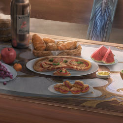 Rule 34 | apple, bad id, bad pixiv id, basket, bottle, bread, commentary, english commentary, food, fruit, grapes, highres, mandarin orange, no humans, original, pizza, plate, steam, sword, table, unravel page, watermelon, watermelon slice, weapon, wine bottle