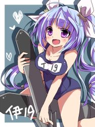 Rule 34 | 10s, 1girl, :d, aqua hair, bad id, bad pixiv id, blush, character name, hair ornament, hair ribbon, heart, holding, i-19 (kancolle), kantai collection, long hair, name tag, one-piece swimsuit, open mouth, purple eyes, purple hair, ribbon, sakura (lilak a), school swimsuit, sitting, smile, solo, straddling, swimsuit, torpedo, twintails