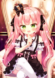 Rule 34 | 1girl, :d, ahoge, bare shoulders, black bow, black skirt, blush, bow, center frills, collared shirt, commentary request, crossed legs, crown, detached sleeves, fang, feet out of frame, frilled skirt, frills, green eyes, hair bow, hand up, highres, index finger raised, long hair, looking at viewer, mini crown, open mouth, original, pink hair, puffy short sleeves, puffy sleeves, shirt, short sleeves, sitting, skirt, sleeveless, sleeveless shirt, smile, solo, suspender skirt, suspenders, thighhighs, throne, tilted headwear, two side up, v-shaped eyebrows, very long hair, white shirt, white sleeves, white thighhighs, yata (yatao zzz)