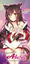 Rule 34 | 1girl, :3, ahri (league of legends), bare shoulders, breasts, brown hair, character name, collarbone, cowboy shot, detached sleeves, facial mark, heart, heart hands, joypyonn, league of legends, long hair, looking at viewer, no tail, orange eyes, solo, very long hair, watermark, web address