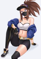 Rule 34 | 1girl, akali, aori sora, arm support, asymmetrical clothes, bare shoulders, baseball cap, belt, black choker, black gloves, black pants, black thighhighs, blue eyes, blue jacket, bracelet, breasts, brown hair, bustier, choker, cleavage, clothes writing, fingerless gloves, gloves, hat, high ponytail, highres, idol, jacket, jewelry, k/da (league of legends), k/da akali, league of legends, long hair, looking at viewer, makeup, mask, medium breasts, midriff, navel, pants, ponytail, shoes, single pantsleg, single thighhigh, sitting, sneakers, solo, strapless, thighhighs, tube top
