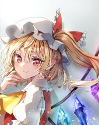 Rule 34 | ascot, bat wings, blonde hair, collared shirt, crystal, flandre scarlet, frilled shirt collar, frilled sleeves, frills, hat, hat ribbon, highres, medium hair, mob cap, multicolored wings, one side up, puffy short sleeves, puffy sleeves, red eyes, red ribbon, red vest, ribbon, shironeko yuuki, shirt, short sleeves, side ponytail, skirt, skirt set, touhou, vest, white headwear, white shirt, wings, yellow ascot