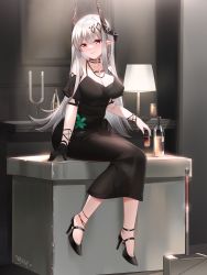 Rule 34 | 1girl, absurdres, anklet, arknights, black choker, black dress, black footwear, black gloves, blush, bottle, bracelet, breasts, candle, choker, cleavage, closed mouth, collarbone, commentary request, cup, detached sleeves, dress, drink, drinking glass, earrings, full body, gloves, hair ornament, hammer, heart, high heels, highres, holding, holding cup, horns, indoors, jewelry, lamp, large breasts, lingshalan, long hair, looking at viewer, mudrock (arknights), mudrock (obsidian) (arknights), necklace, official alternate costume, pointy ears, purple eyes, short sleeves, signature, silver hair, single earring, single glove, sitting, smile, solo, very long hair, white wine, wine