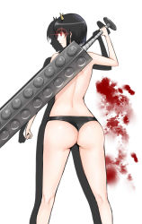 Rule 34 | 1girl, ass, black hair, blood, club (weapon), gedomaru, gintama, horns, libre, looking at viewer, looking back, oni, red eyes, shadow, short hair, solo, topless, weapon, white background