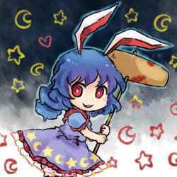 Rule 34 | 1girl, ambiguous red liquid, animal ears, blood, blood stain, blue hair, blue skirt, rabbit ears, chibi, crescent, dress, empty eyes, heart, kine, legacy of lunatic kingdom, long hair, looking at viewer, lowres, mallet, open mouth, ponytail, pote (ptkan), red eyes, seiran (touhou), sketch, skirt, smile, solo, star (symbol), touhou
