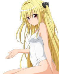 Rule 34 | 10s, 1girl, :/, blonde hair, blush, breasts, colorized, covered navel, expressionless, female focus, from side, groin, hair between eyes, hair intakes, hair ornament, highres, konjiki no yami, long hair, looking at viewer, official art, one-piece swimsuit, outstretched hand, pink eyes, red eyes, school swimsuit, shige (moe-ren.net), simple background, sitting, small breasts, solo, swimsuit, thighs, to love-ru, to love-ru darkness, twintails, two side up, very long hair, white background, white one-piece swimsuit, white school swimsuit, yabuki kentarou