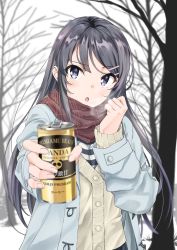 Rule 34 | anno masato, bare tree, black hair, can, canned coffee, commentary request, drink can, hair ornament, highres, holding, holding can, long hair, looking at viewer, purple eyes, red scarf, sakurajima mai, scarf, seishun buta yarou, standing, sweater, tree, winter