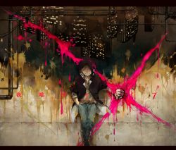 Rule 34 | 1boy, blood, building, cable, city, highres, hood, hoodie, kagerou project, kano shuuya, layered sleeves, male focus, mask, night, red eyes, short hair, sky, solo, star (sky), starry sky, uhyo (popunio), vocaloid, yobanashi deceive (vocaloid)