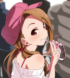 Rule 34 | 1girl, bare shoulders, brown eyes, brown hair, commentary request, from behind, grin, head tilt, idolmaster, idolmaster (classic), index finger raised, looking at viewer, minase iori, off-shoulder shirt, off shoulder, shirt, smile, solo focus, sunglasses, takeya yuuki, twintails