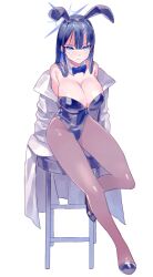 Rule 34 | 1girl, animal ears, black hair, black leotard, blue archive, blue eyes, breasts, cleavage, detached collar, fake animal ears, frown, full body, halo, highres, jacket, jacket on shoulders, large breasts, leotard, long hair, pantyhose, playboy bunny, saori (blue archive), sidelocks, simple background, sitting, solo, stool, suyasuya (user tjnw5554), white background, white jacket