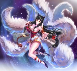Rule 34 | 1girl, ahri (league of legends), animal ears, bad id, bad pixiv id, bare shoulders, black hair, bonury, breasts, detached sleeves, fingernails, fox ears, fox tail, highres, korean clothes, large breasts, league of legends, looking at viewer, multiple tails, nail polish, new year, solo, star (symbol), starry background, tail, yellow eyes