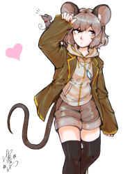 Rule 34 | 1girl, absurdres, alternate costume, animal ears, black thighhighs, blush, breasts, closed mouth, commentary request, crystal, expressionless, feet out of frame, green jacket, grey hair, grey shorts, heart, highres, hood, hood down, hoodie, jacket, jewelry, long sleeves, looking to the side, mouse (animal), mouse ears, mouse girl, mouse tail, nazrin, notice lines, pendant, red eyes, short hair, shorts, signature, simple background, sleeves past wrists, small breasts, solo, tail, thighhighs, touhou, white background, white hoodie, yumemizawazawa