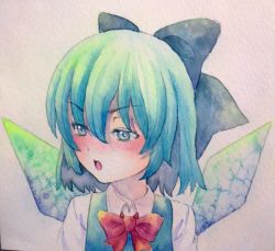 Rule 34 | 1girl, blue eyes, blue hair, bow, bowtie, cirno, hair bow, ice, ice wings, matching hair/eyes, painting (medium), red bow, red bowtie, solo, touhou, traditional media, watercolor (medium), wings, yuyu (00365676)