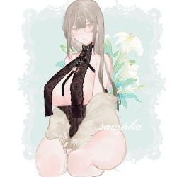 Rule 34 | 1girl, absurdres, beige sweater, black corset, breasts, brown eyes, brown hair, chinese commentary, corset, cropped legs, flower, glasses, highres, iggy.m, large breasts, looking at viewer, off shoulder, original, sample watermark, sitting, smile, solo, thick thighs, thighs, underboob, watermark, white flower