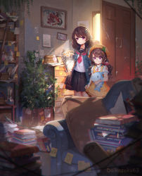 Rule 34 | 2girls, absurdres, black-framed eyewear, black skirt, book, book stack, brown hair, chair, closed mouth, daikazoku63, door, glasses, hair ornament, hairclip, heart, heart necklace, highres, holding, holding stuffed toy, indoors, jewelry, long hair, looking at viewer, messy hair, multiple girls, neckerchief, necklace, original, plant, pleated skirt, potted plant, purple eyes, red neckerchief, round eyewear, scenery, short sleeves, skirt, stuffed animal, stuffed dolphin, stuffed toy, swept bangs, wavy hair